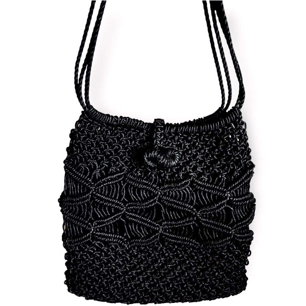 Vintage 1960's Black Thick Large Macrame Shoulder Bag Purse - Picture 5 of 5